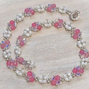 Handmade crystal wrap bracelet, used as choker necklace,white, pink agate crysta